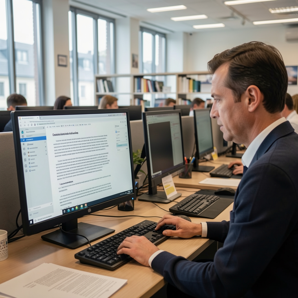 Újságíró mesterséges intelligencia által generált szöveget ellenőriz monitorn, mögötte szerkesztőség látható