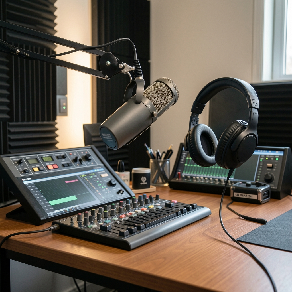 Podcast stúdió berendezése mikrofonnal, fejhallgatóval és hangtechnikai eszközökkel professzionális felvételekhez