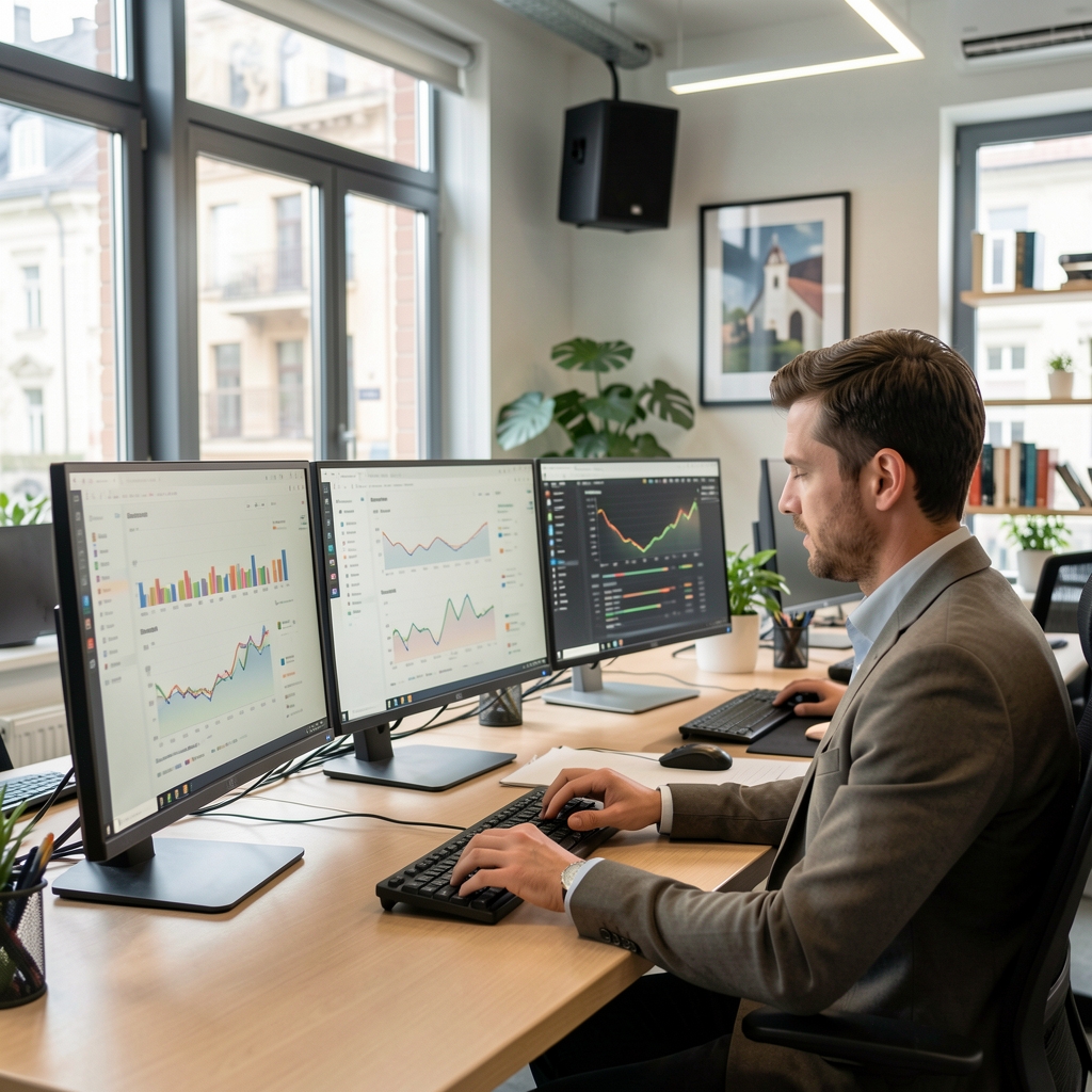 Digital media professional analyzing audience metrics on multiple screens in a modern Budapest media company office