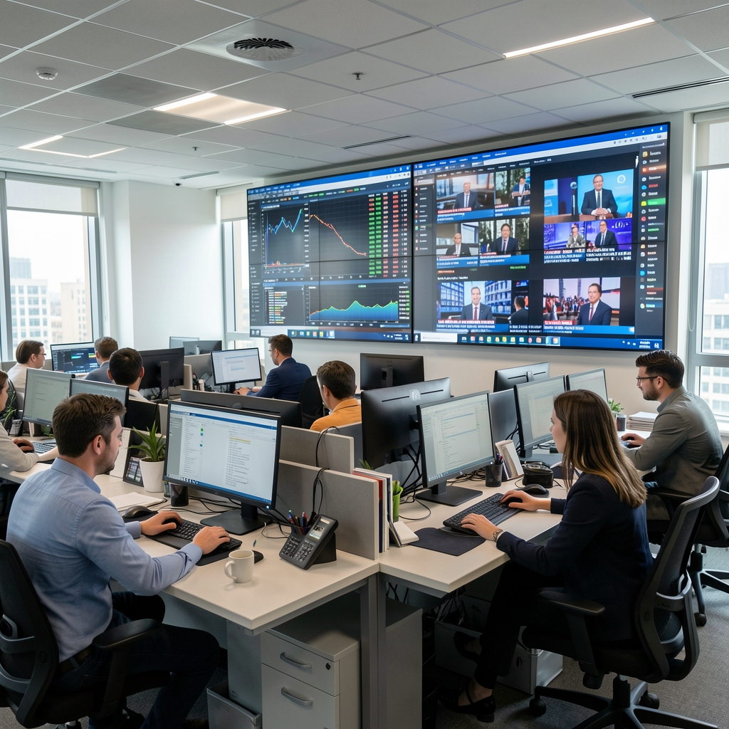 Modern newsroom with journalists working on computers and large digital displays showing live news data
