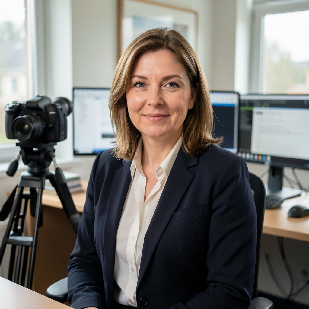 Németh Judit, fotóriporter és vizuális szerkesztő, nő professzionális portréfotón, szerkesztőségi irodában fényképezőgépekkel és monitor hátterével