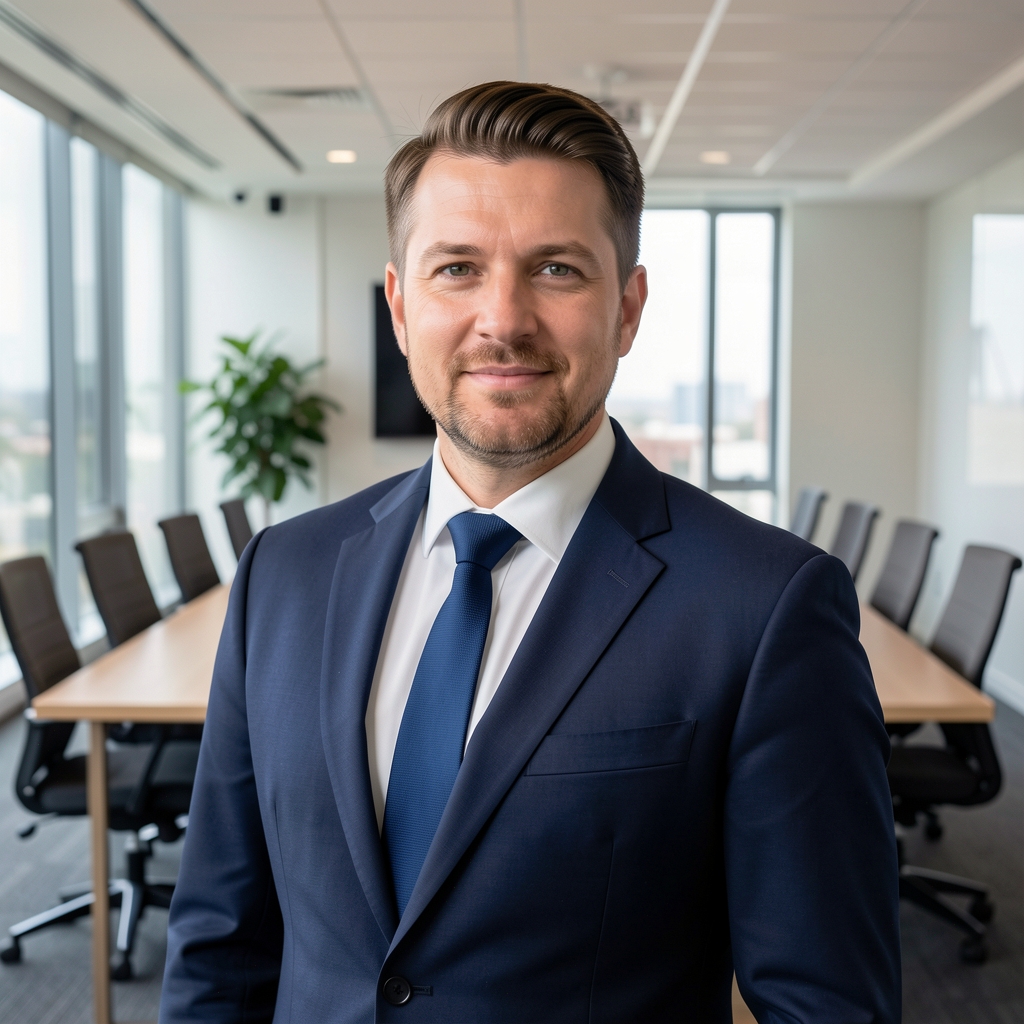 Tóth Balázs, médiaügynökségi ügyvezető, öltönyös üzletember portréfotón modern konferenciateremben