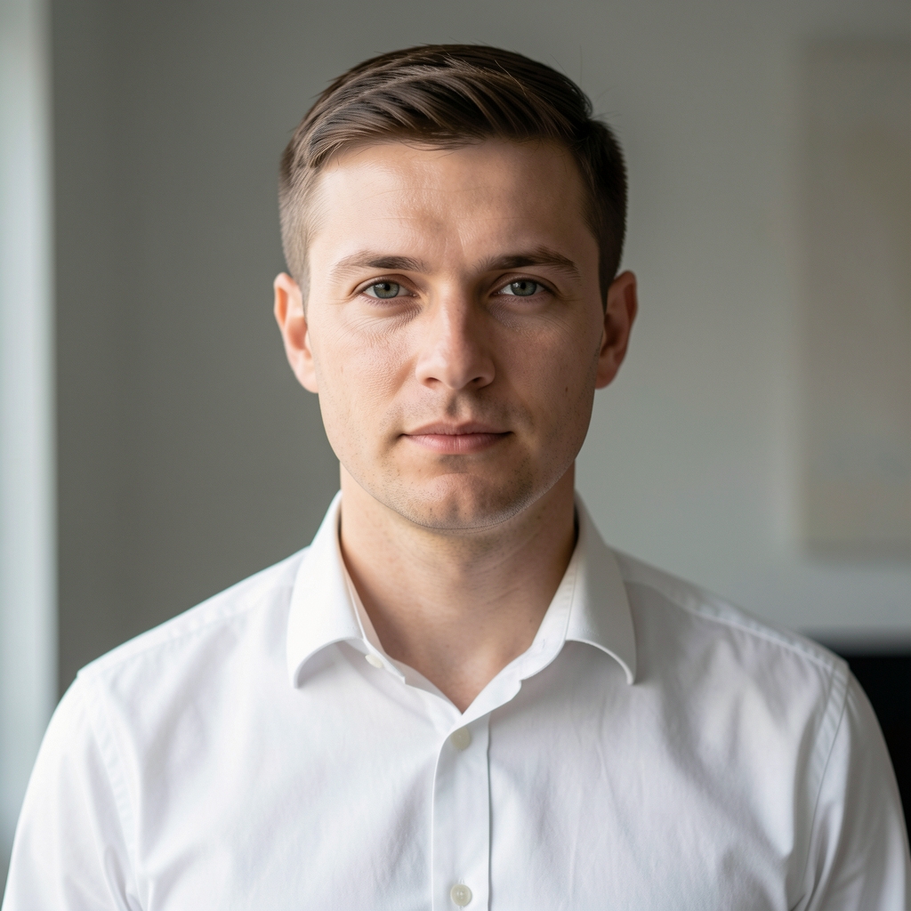 Fekete Ádám médiaipari kutató és elemző portréfotója, rövid hajjal, fehér ingben