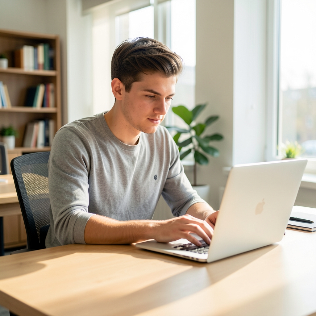 Fiatal újságíró laptopnál dolgozik egy napfényes irodában, digitális cikket ír egy hírportálnak